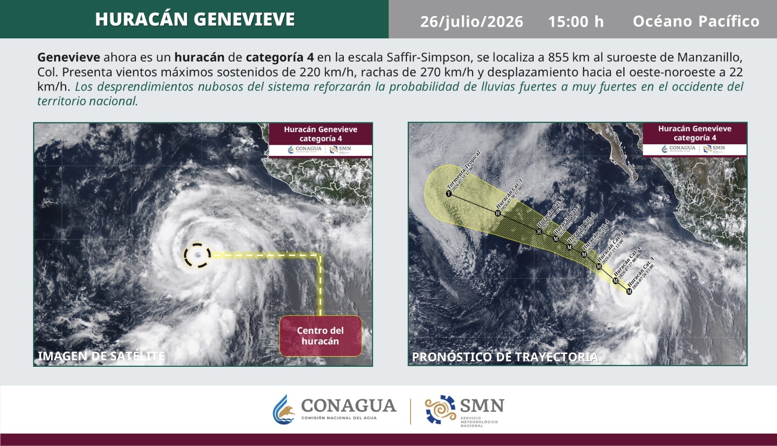 Huracán 'Genevieve' se fortalece a huracán categoría 3 frente a costas de México