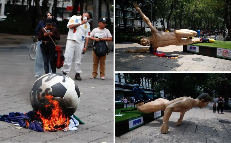 CDMX: Presuntos integrantes de la CNTE derriban tres de las estatuas de futbolistas instaladas en Reforma