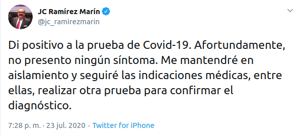 Senador yucateco Ramírez Marín informa que dio positivo a COVID-19