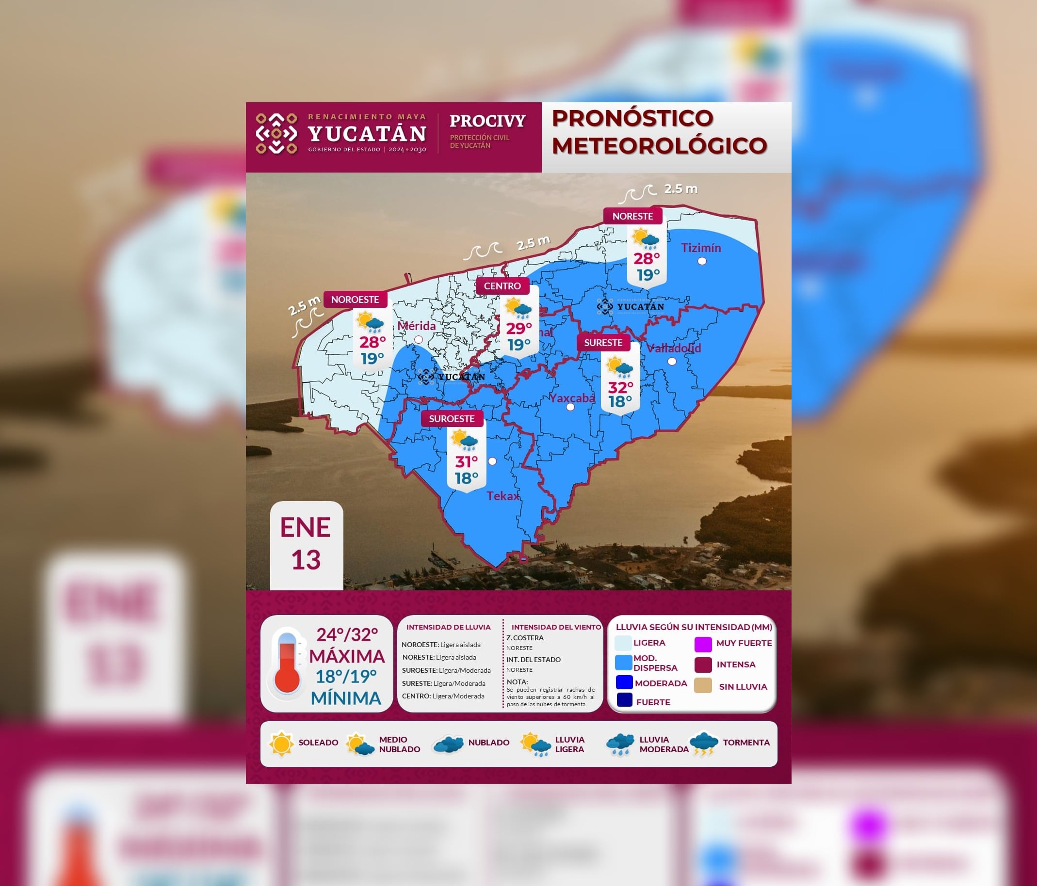 Pronostican lluvia ligera y moderada dispersa antes del mediodía y por la tarde al sur de Yucatán