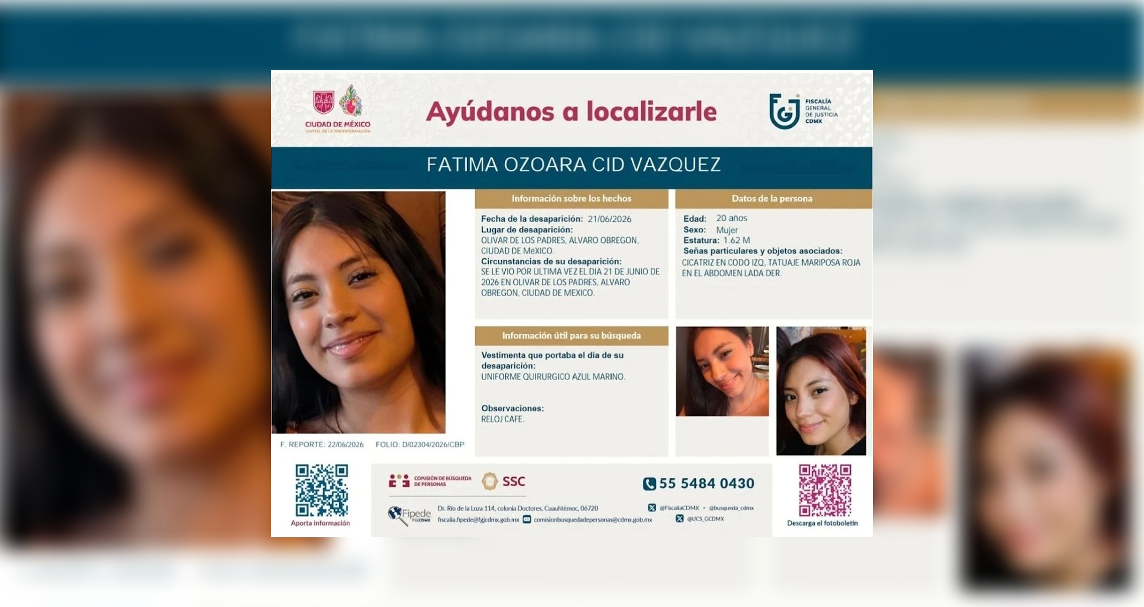 Hallan sin vida en Edomex a Fatima Osoara Cid Vazquez, reportada como desaparecida desde el pasado domingo