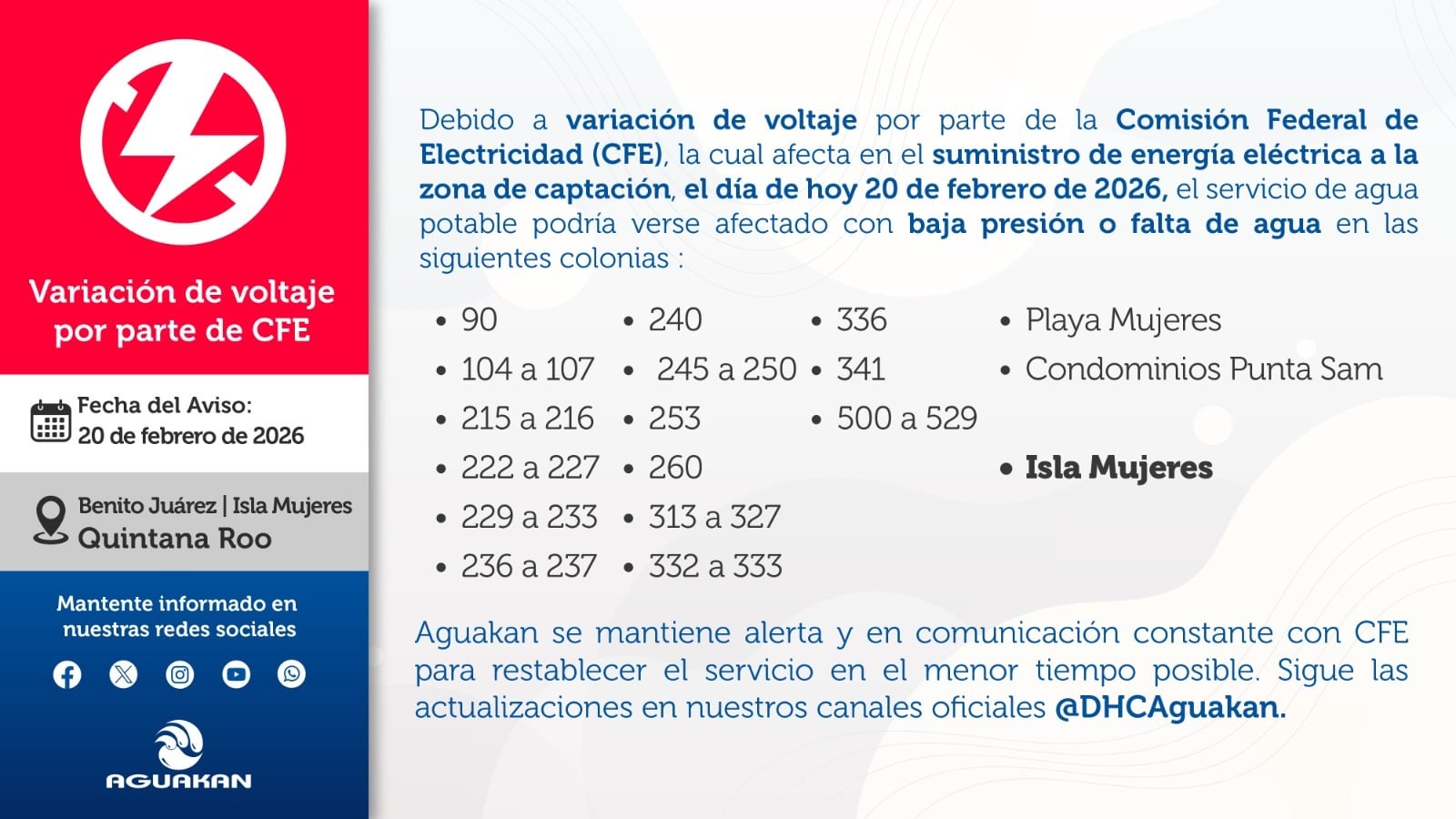 Interrupciones eléctricas generan afectaciones en suministro de agua potable en Cancún e Isla Mujeres