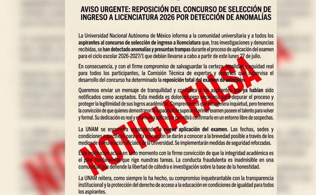 UNAM llama a la población a no caer en ''fake news'' sobre supuesta reposición de examen de ingreso