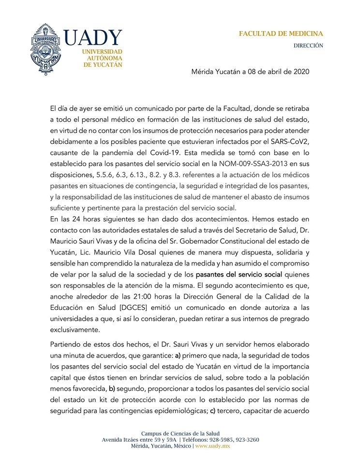 Pasantes e internos de la UADY no serán retirados de instituciones de salud