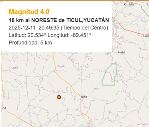Registran nuevo sismo de magnitud 4.0 en Ticul, Yucatán
